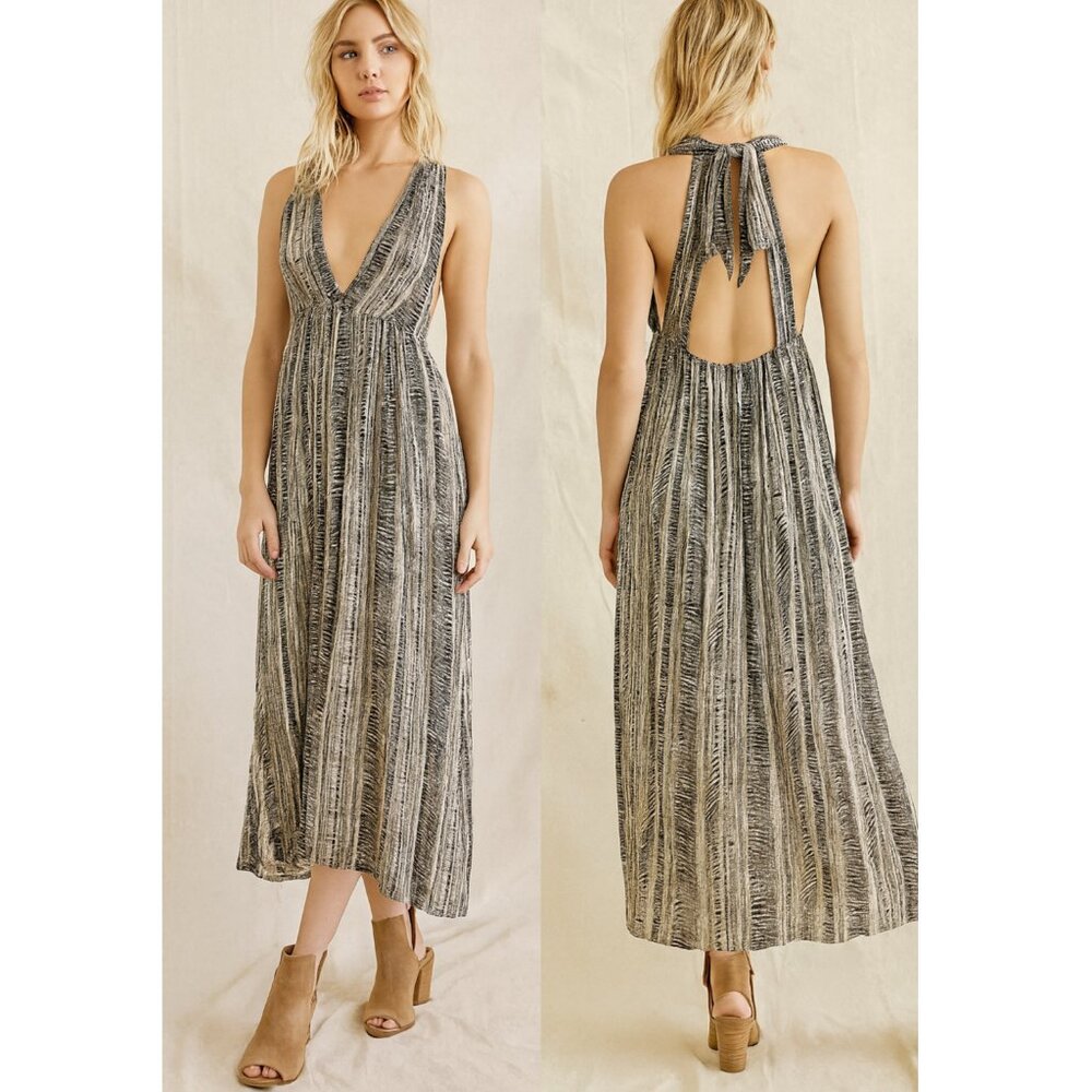 Raquel Allegra Shred Print Midi Dress Linen Blend V-neck Split Back size 0 Boho